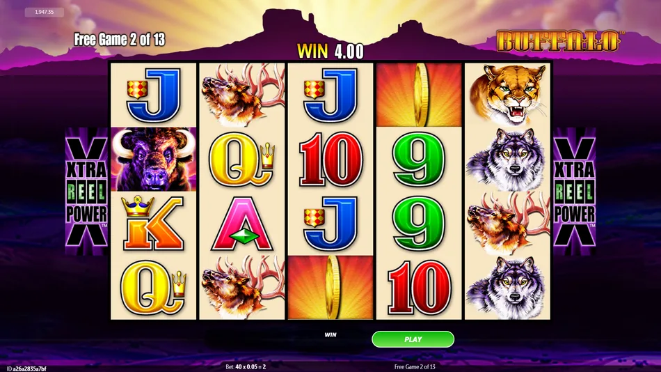 Free games counter adding 5 extra free games after two Gold Coins land in Buffalo Stampede