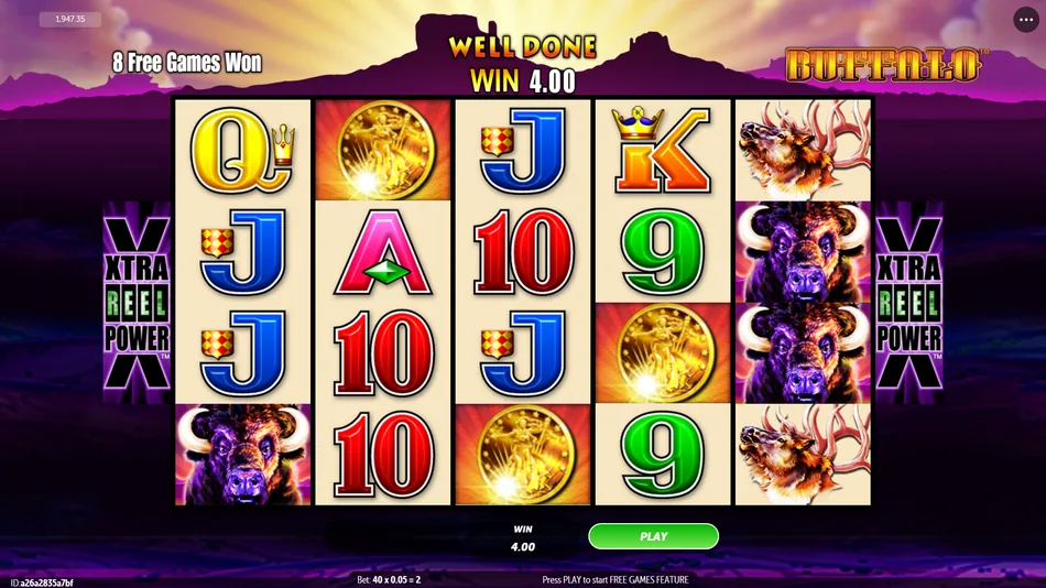 Five Gold Coin scatters triggering 20 free games in Buffalo Stampede pokie