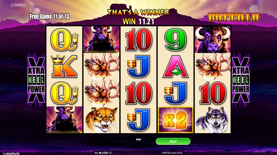Buffalo Stampede Sunset wilds on reels 2 and 3 with a win multiplier over the free games win