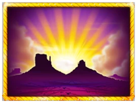 Sunset wild symbol with the sun setting behind mesas in Buffalo Stampede